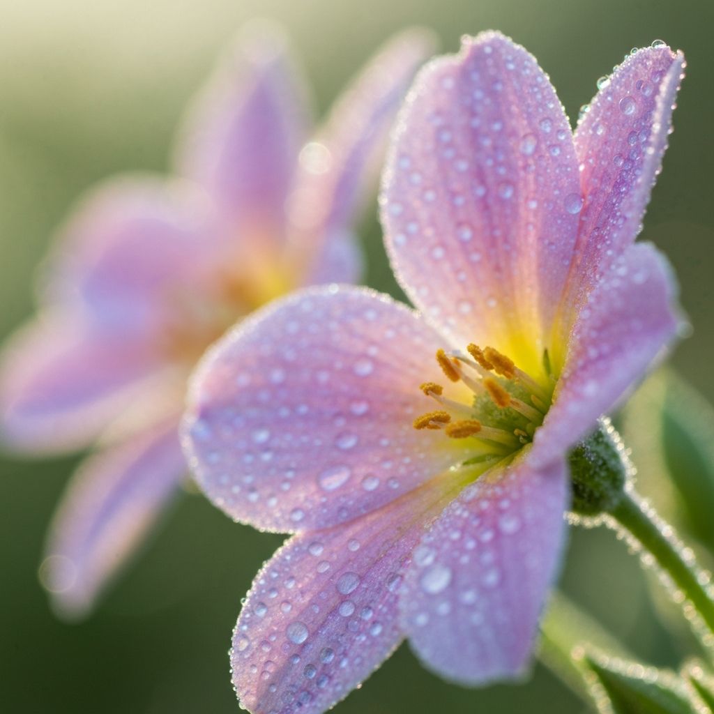 Fotografía macro de pétalos de flores con rocío matutino